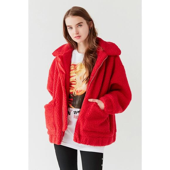 I.AM.GIA Women's Pixie Teddy Coat Medium Oversize Sherpa Jacket Red Fuzzy Fleece - Picture 3 of 10